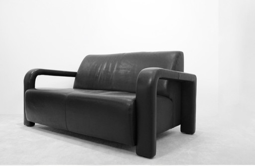 Marinelli Black Leather Two Seat Sofa, Italy