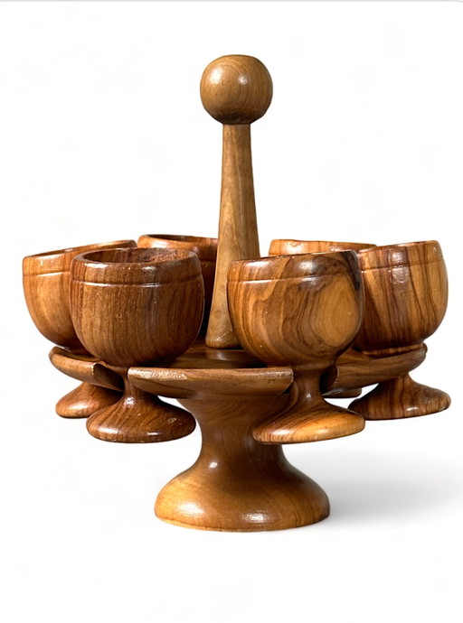 Teak wooden egg cups set vintage Danish design display