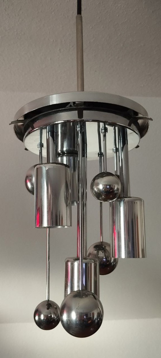 Image 1 of Doria Sputnik hanging lamp Space Age Big Ball bubble glass silver