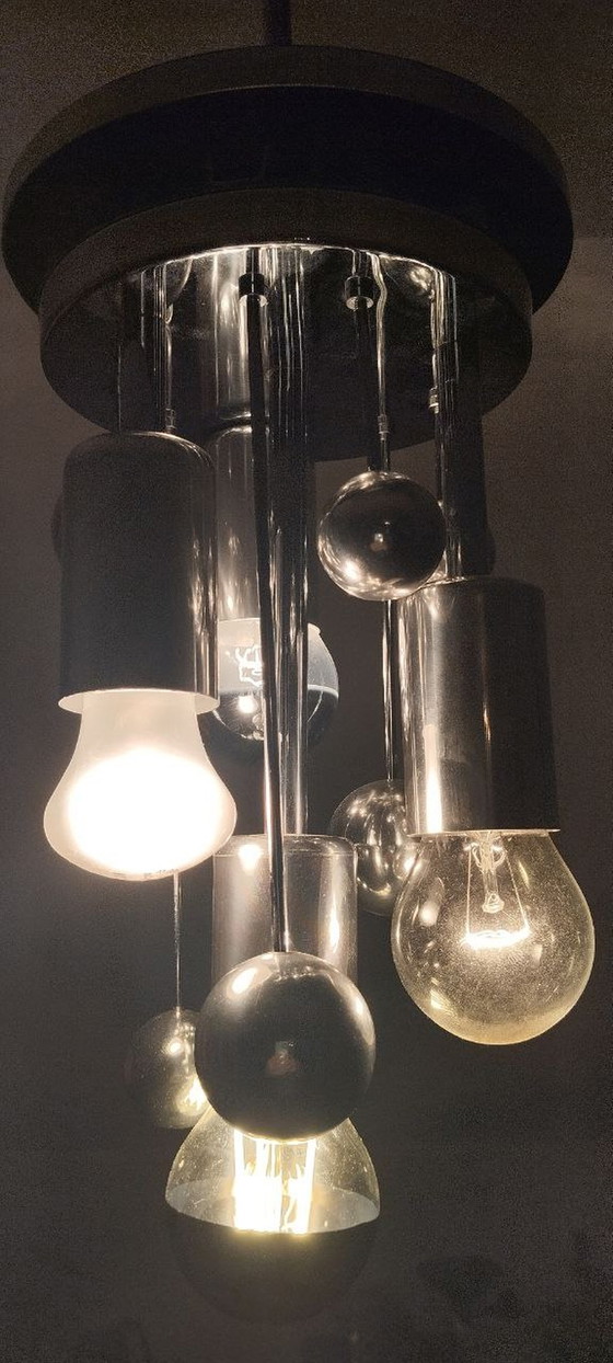 Image 1 of Doria Sputnik hanging lamp Space Age Big Ball bubble glass silver