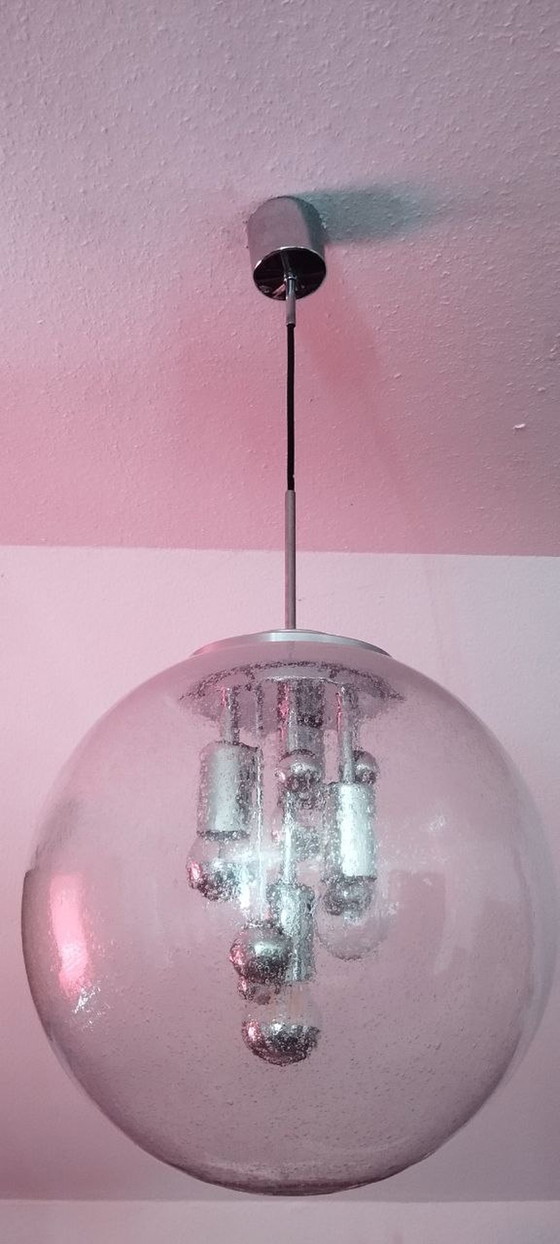 Image 1 of Doria Sputnik hanging lamp Space Age Big Ball bubble glass silver