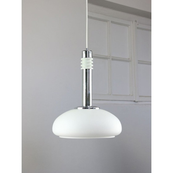 Image 1 of Vintage pendant lamp in chrome steel and opaline glass, Denmark 1960