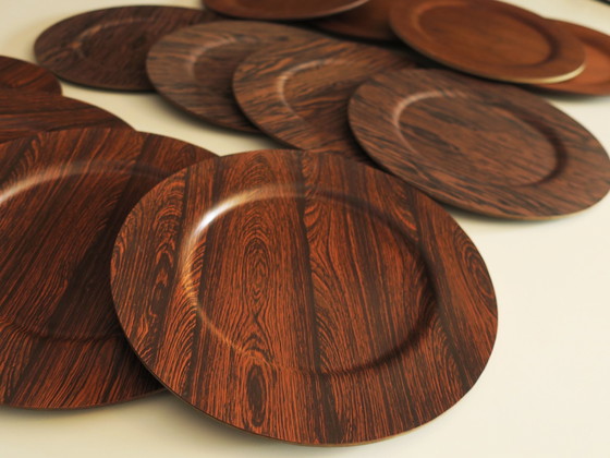 Image 1 of Set Of 12 Plywood Rosewood And Teak Plates By Morsbak, Denmark 1960S