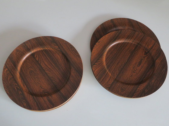 Image 1 of Set Of 12 Plywood Rosewood And Teak Plates By Morsbak, Denmark 1960S