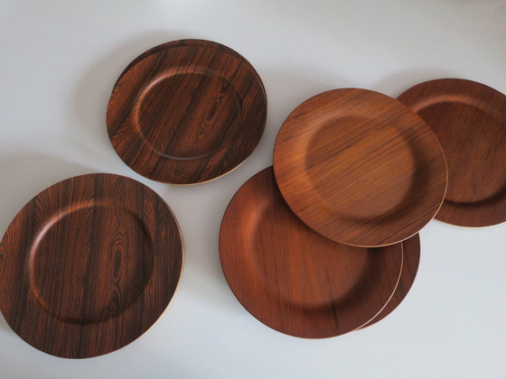 Image 1 of Set Of 12 Plywood Rosewood And Teak Plates By Morsbak, Denmark 1960S