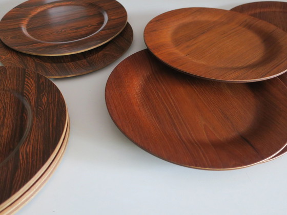 Image 1 of Set Of 12 Plywood Rosewood And Teak Plates By Morsbak, Denmark 1960S