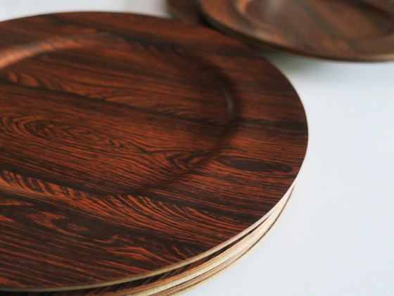 Image 1 of Set Of 12 Plywood Rosewood And Teak Plates By Morsbak, Denmark 1960S