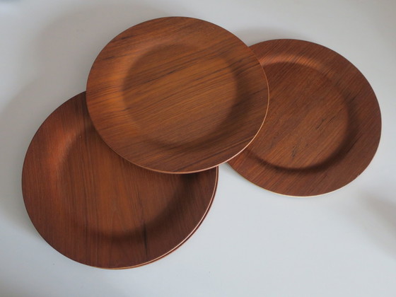 Image 1 of Set Of 12 Plywood Rosewood And Teak Plates By Morsbak, Denmark 1960S