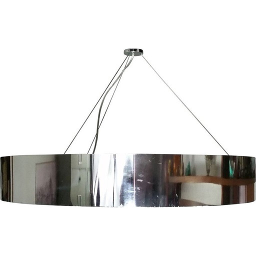 Round vintage chromed metal pendant lamp