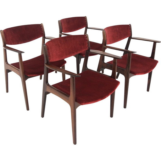 Set of 4 vintage rosewood and velvet chairs by Henning Kjaernulf for Sorø Stolefabrik, Denmark 1960