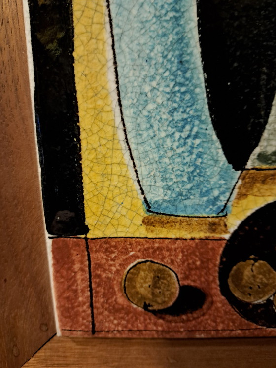 Image 1 of Piastrella da parete in ceramica italiana vintage anni '60 con motivo modernista a bottiglia e cornice in legno