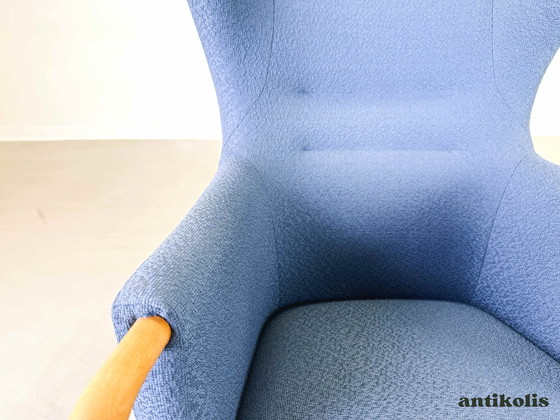 Image 1 of Vintage Mid Century Fauteuil à oreilles Claudia Stouby Møbelfabrik avec ottomane 1970