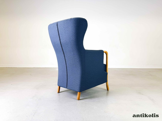 Image 1 of Vintage Mid Century Fauteuil à oreilles Claudia Stouby Møbelfabrik avec ottomane 1970