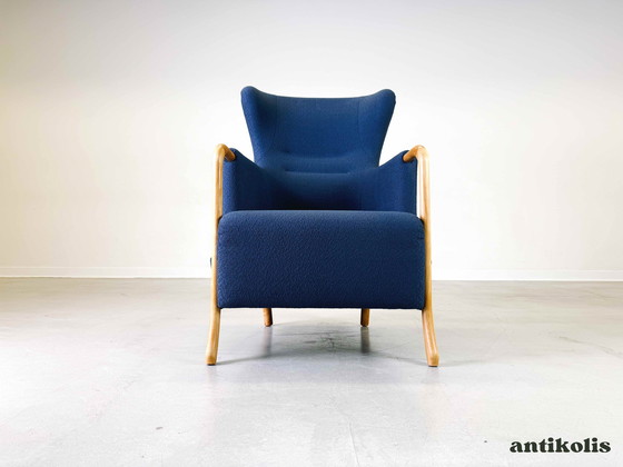 Image 1 of Vintage Mid Century Fauteuil à oreilles Claudia Stouby Møbelfabrik avec ottomane 1970