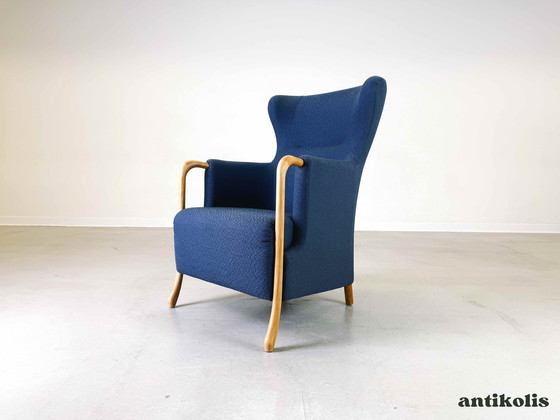 Image 1 of Vintage Mid Century Fauteuil à oreilles Claudia Stouby Møbelfabrik avec ottomane 1970