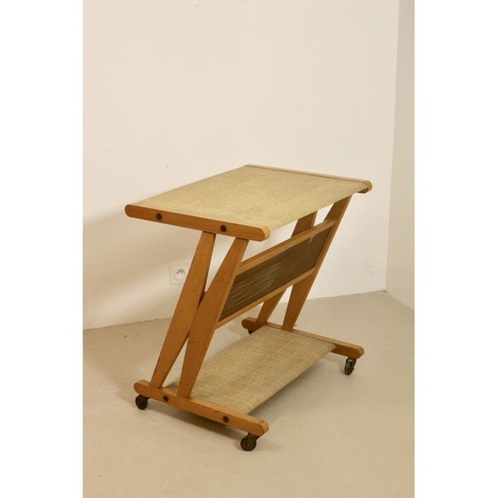 Image 1 of Vintage serving table in metal, oak and rattan for Jullian, France 1960