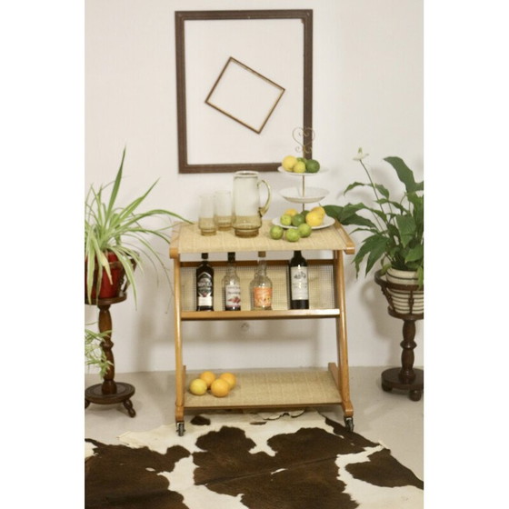 Image 1 of Vintage serving table in metal, oak and rattan for Jullian, France 1960