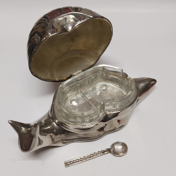 Image 1 of Beautiful Snail, Silver Plated Salt Cellar With Silver 925 Miniature Spoon.