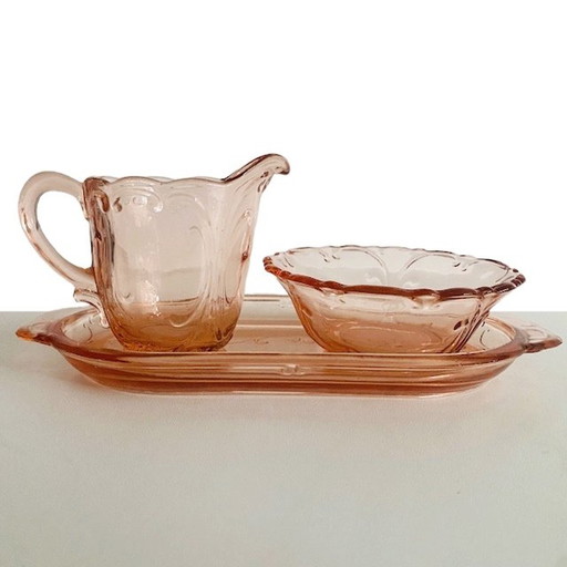 Art deco pink glass cream set with serving tray 1930's