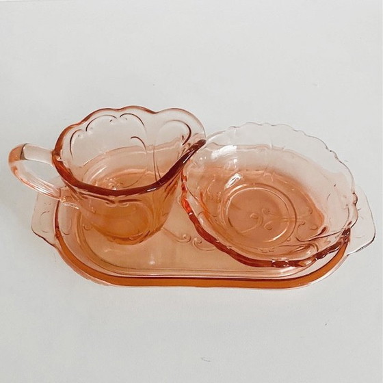 Image 1 of Art deco pink glass cream set with serving tray 1930's