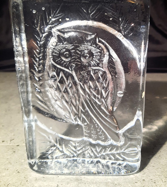 Image 1 of Solid Transparent Glass Sculpture Owl From Glassworks Sarnen Switzerland