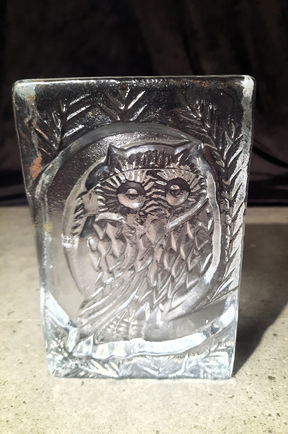 Image 1 of Solid Transparent Glass Sculpture Owl From Glassworks Sarnen Switzerland