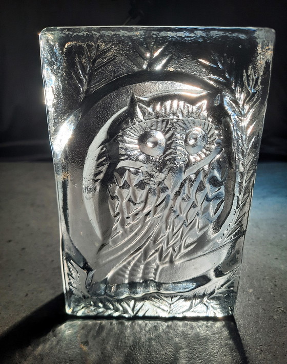 Image 1 of Solid Transparent Glass Sculpture Owl From Glassworks Sarnen Switzerland