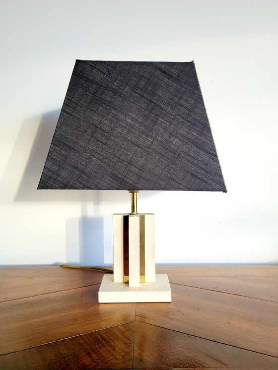 Image 1 of Travertine table lamp with brass, black lampshade, 1970s