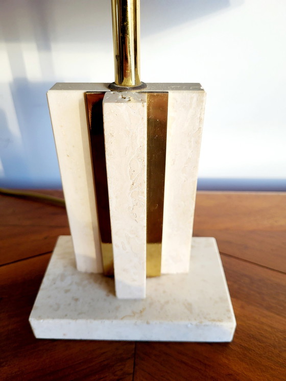 Image 1 of Travertine table lamp with brass, black lampshade, 1970s