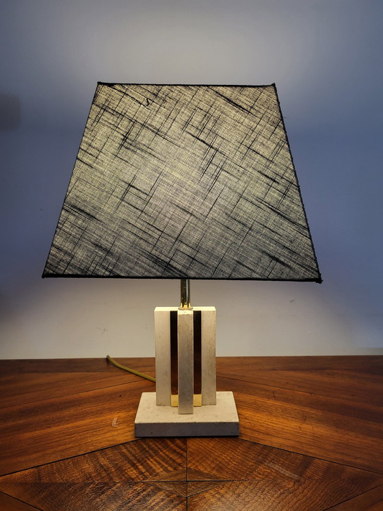 Image 1 of Travertine table lamp with brass, black lampshade, 1970s