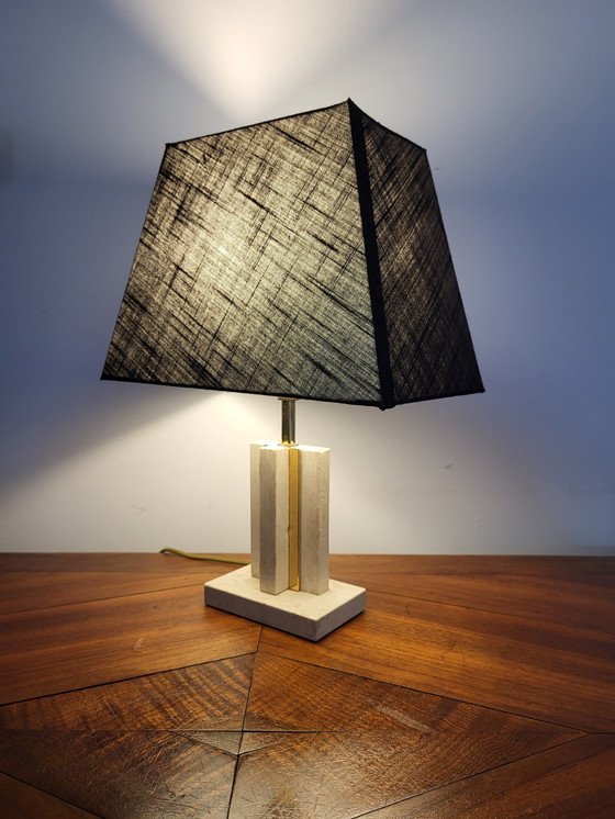 Image 1 of Travertine table lamp with brass, black lampshade, 1970s