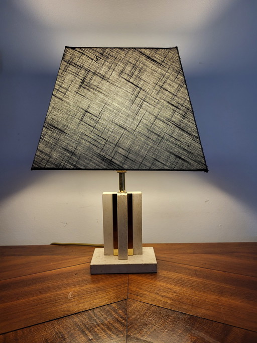 Lampe de table en travertin avec abat-jour en laiton et noir, 1970