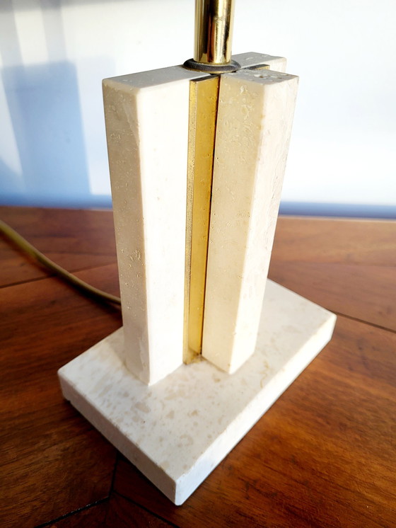 Image 1 of Travertine table lamp with brass, black lampshade, 1970s