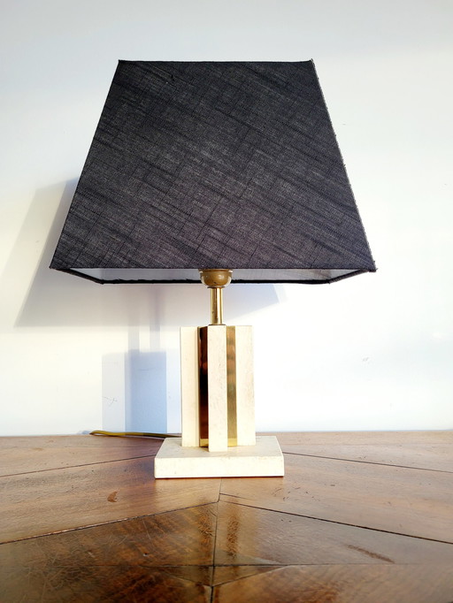 Lampe de table en travertin avec abat-jour en laiton et noir, 1970