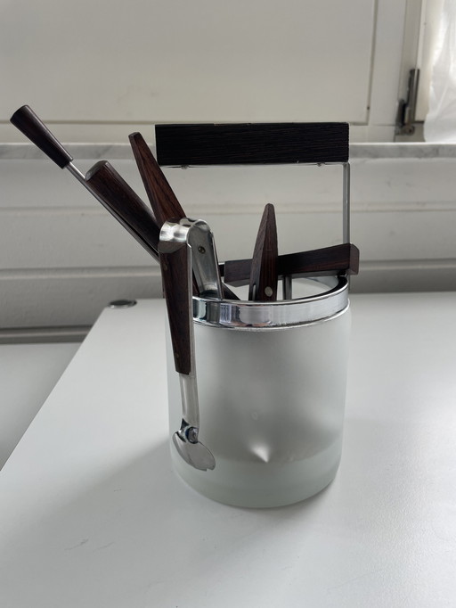 Mid - Century ice bucket including cocktail cutlery teak