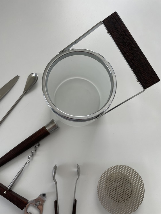 Image 1 of Mid - Century ice bucket including cocktail cutlery teak