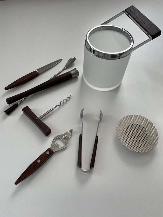 Image 1 of Mid - Century ice bucket including cocktail cutlery teak