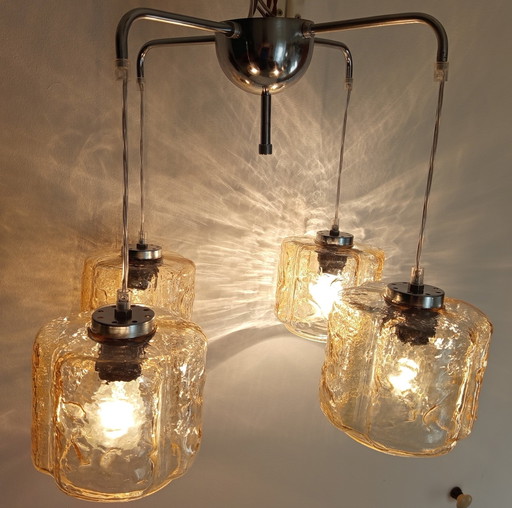 Refurbished Mid-Century Chandelier With Chrome Arms And Glass Lamp Shades From 70'S-80'S, Hungary