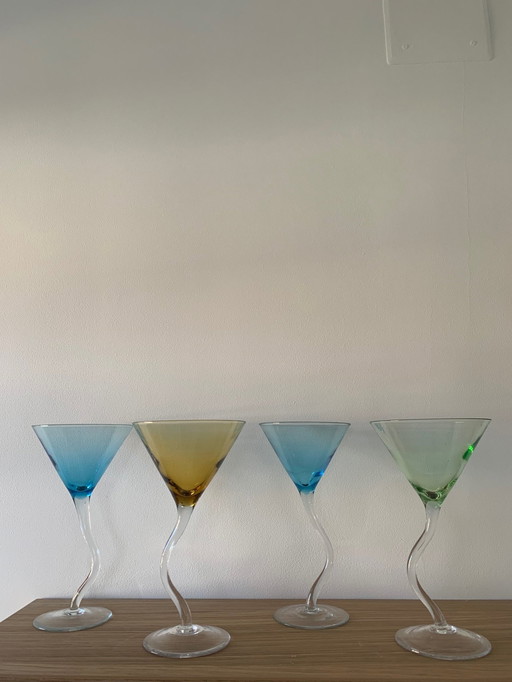 Set Of 4 Multi-Colored Dancing Cocktail Glasses, 1990