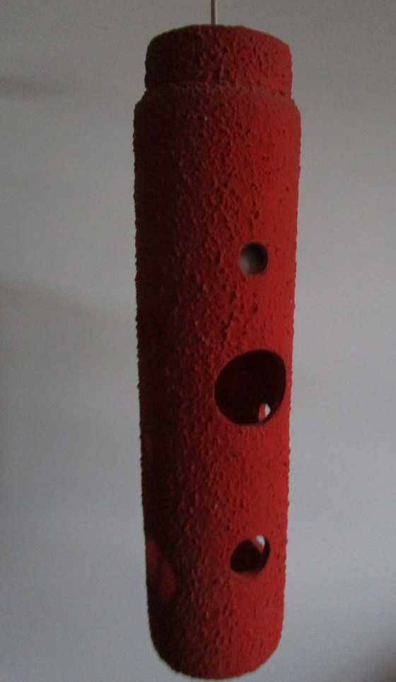 Image 1 of Lámpara alemana grande, cilíndrica, de color rojo anaranjado roto, de mediados de siglo (década de 1970) 
