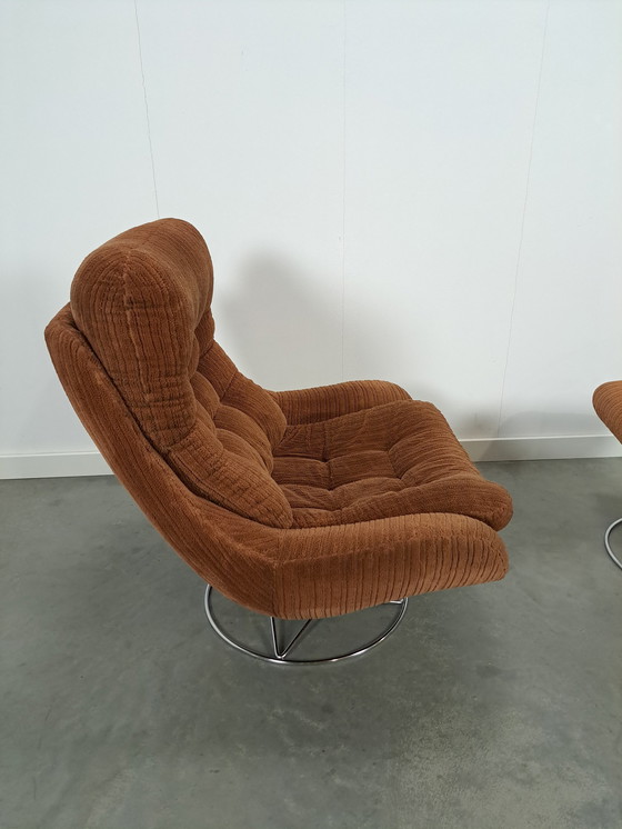 Image 1 of Swivel Armchair With Brown Rib Fabric And Hocker