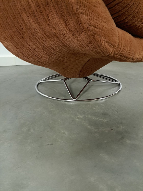 Image 1 of Swivel Armchair With Brown Rib Fabric And Hocker