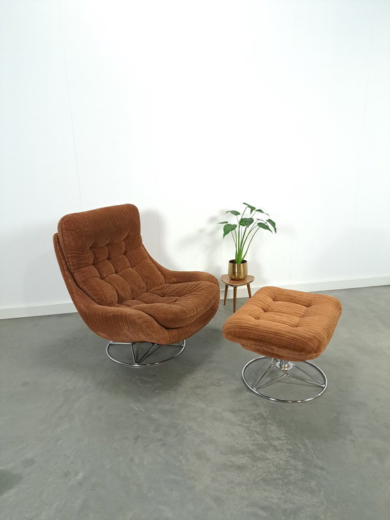 Image 1 of Swivel Armchair With Brown Rib Fabric And Hocker