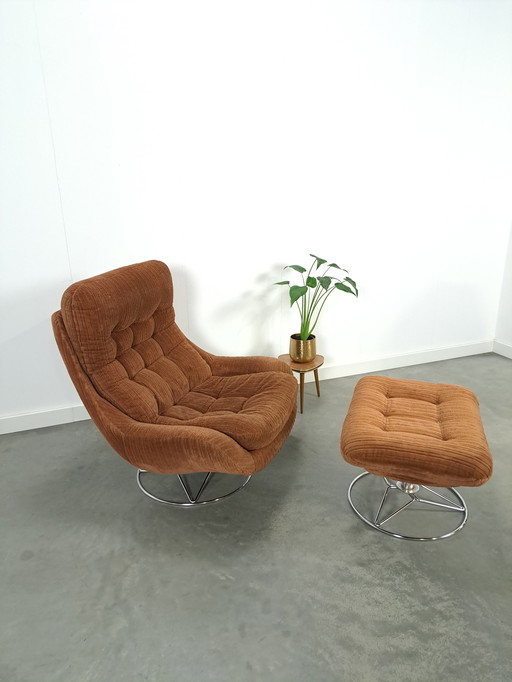 Swivel Armchair With Brown Rib Fabric And Hocker