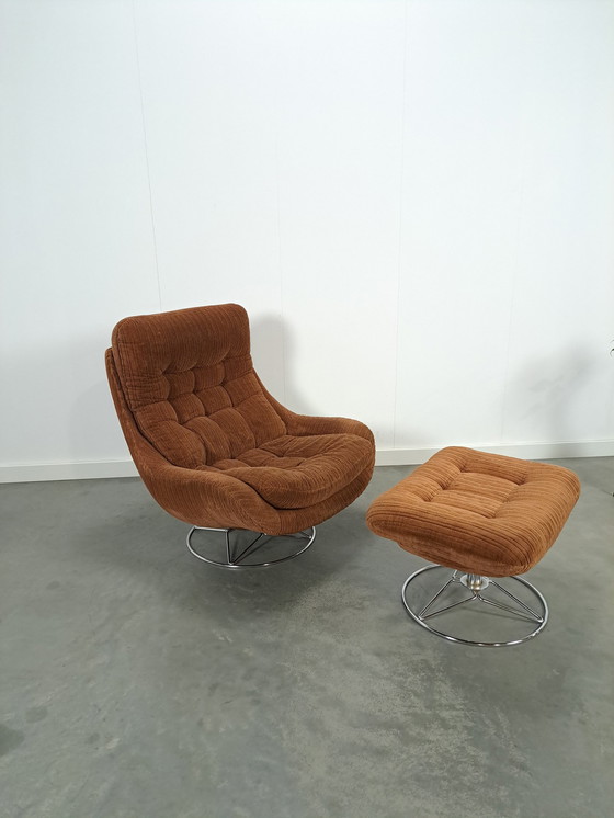 Image 1 of Swivel Armchair With Brown Rib Fabric And Hocker