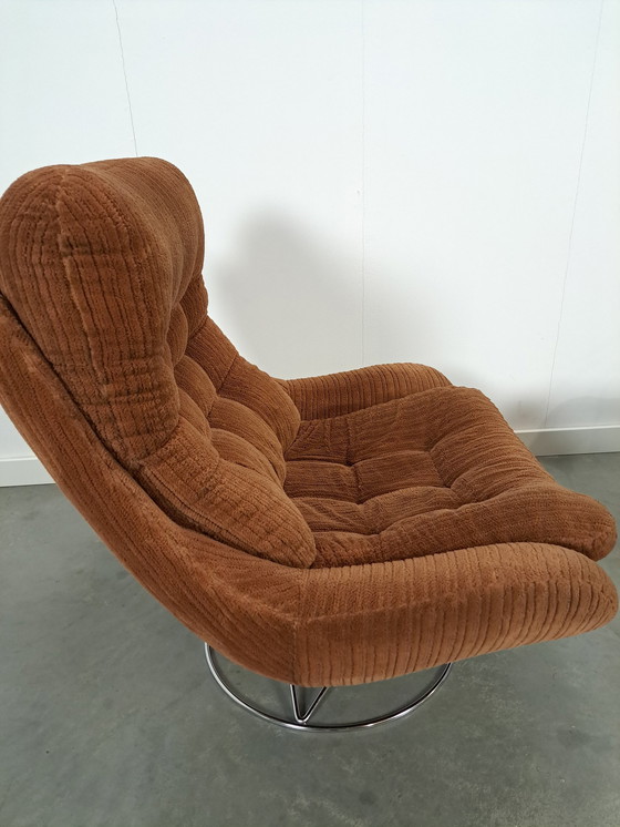 Image 1 of Swivel Armchair With Brown Rib Fabric And Hocker