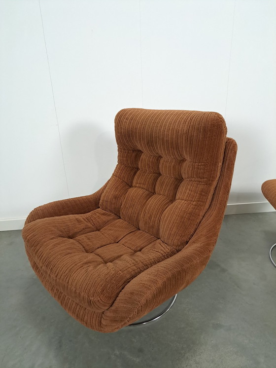 Image 1 of Swivel Armchair With Brown Rib Fabric And Hocker