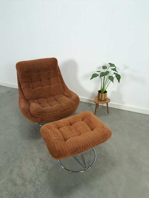 Swivel Armchair With Brown Rib Fabric And Hocker