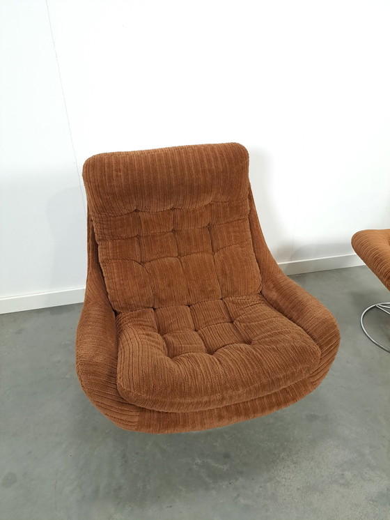 Image 1 of Swivel Armchair With Brown Rib Fabric And Hocker