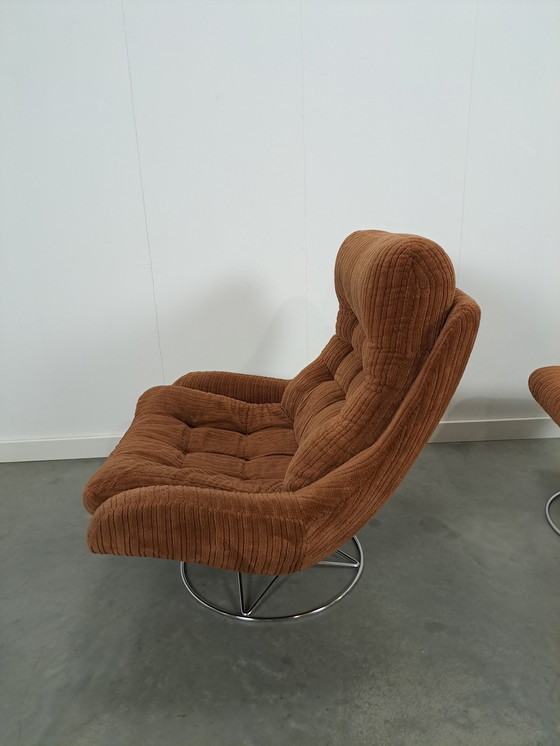 Image 1 of Swivel Armchair With Brown Rib Fabric And Hocker